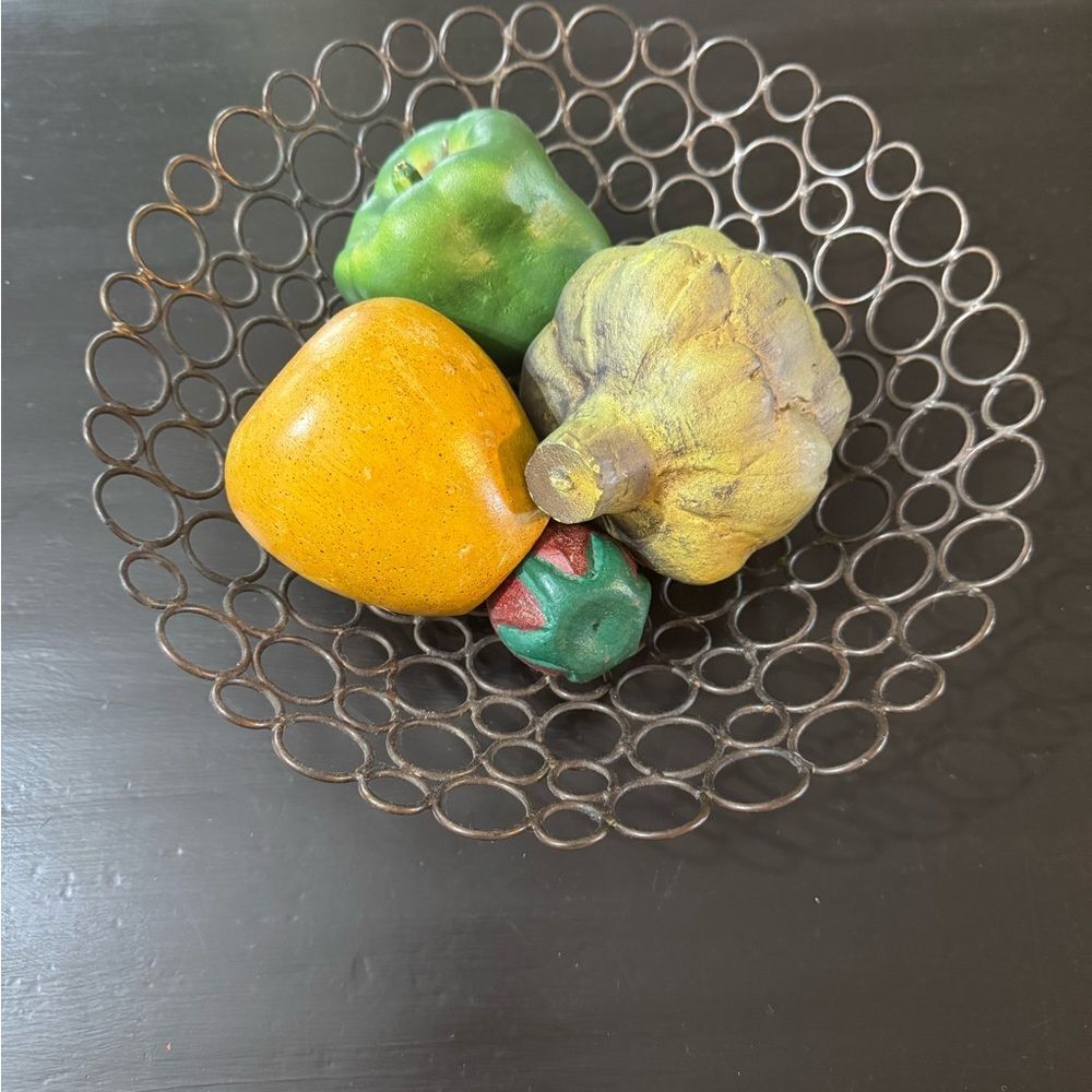 Vintage Decorative Metal Wire Basket with Faux Vegetables Retro Cottagecore